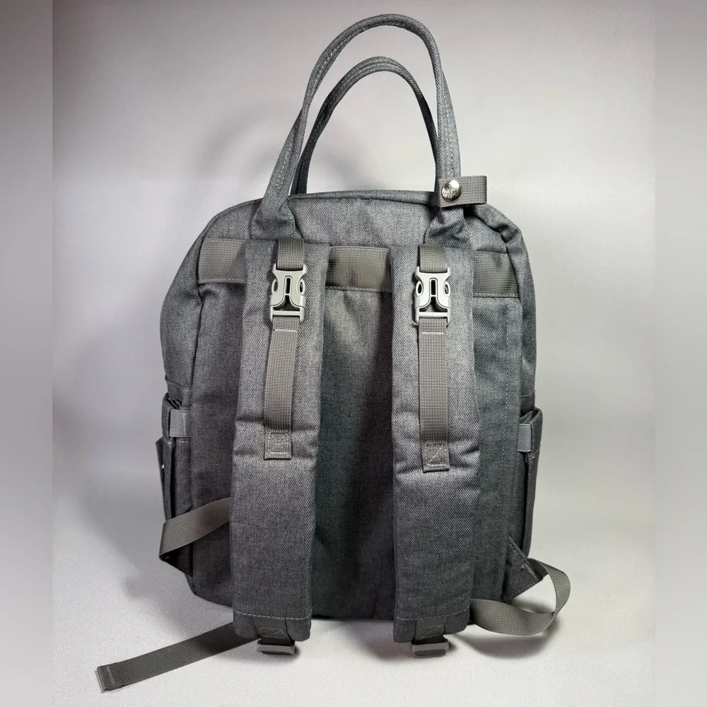 Dikaslon Chic Quilted Gray Backpack Diaper Bag with Tan Accents